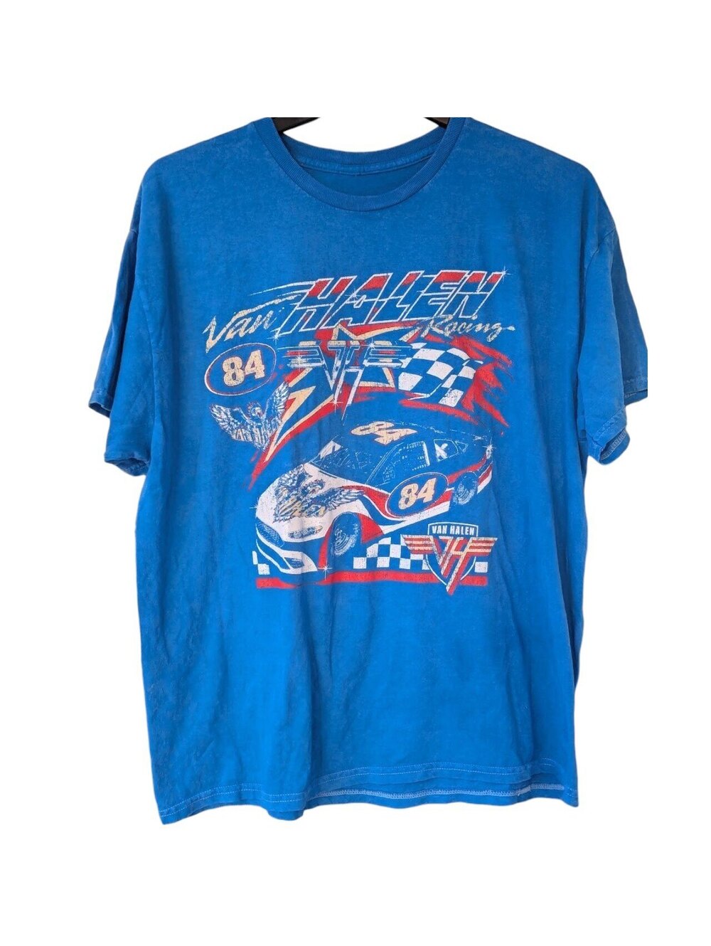 Van Halen T-Shirt XL Blue Stone Wash 1984 Race Car Band Graphic Tee 23.5x27.5
